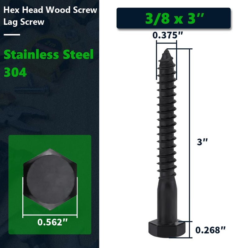 RoyceMart 10-Sets 3/8 x 3 Black Hex Head Lag Screws & Flat Washers, Heavy Duty Wood Lag Screws, 304 Stainless Steel (18-8), 3/8" Bolt - Image 2